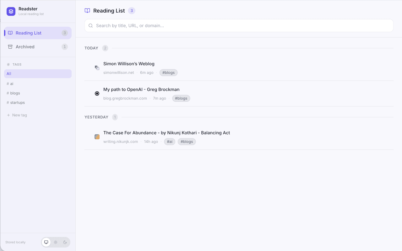Readster in light mode, showing a reading list organized by date with search, tags, and an archive in the sidebar.