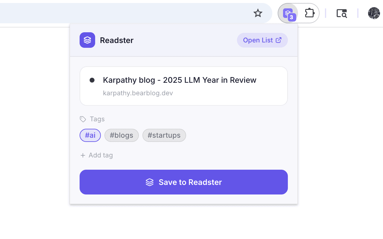 Readster's light-mode Chrome popup, with an editable page title, tags, and a Save to Readster button.